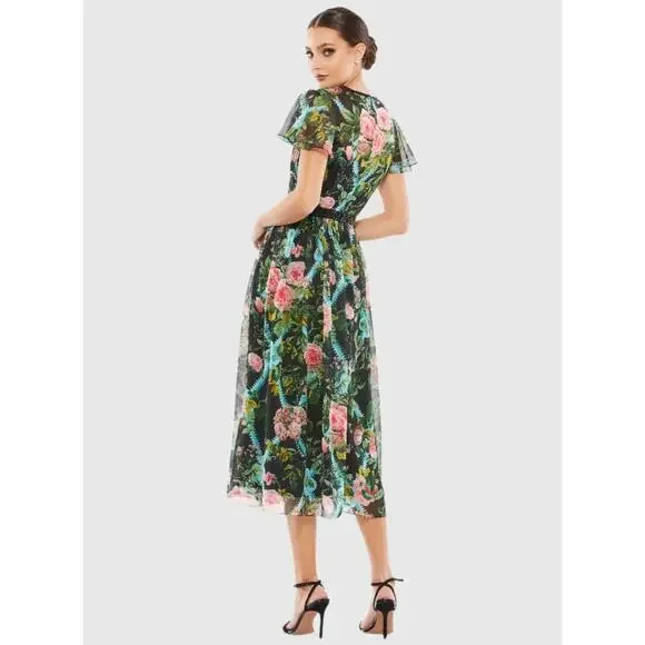 Mac Duggal Multicolor Floral Illusion Cap Sleeve Midi Dress 6 NWT #9149 Chiffon - Picture 11 of 16